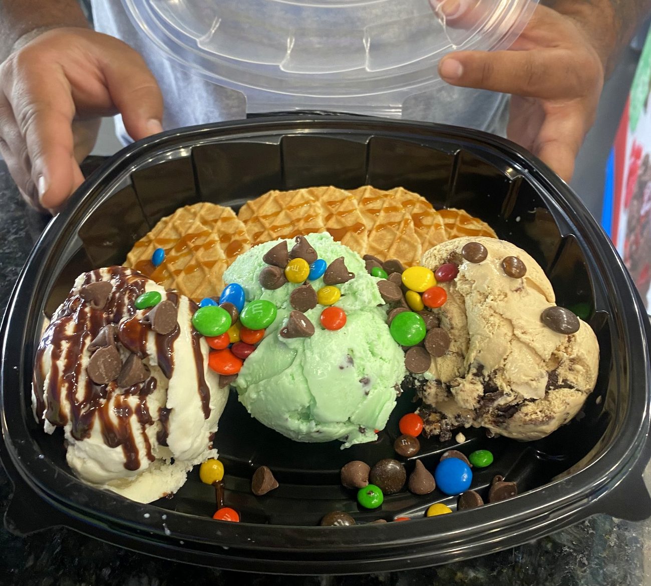 Ice cream nachos with Oreo and peanuts