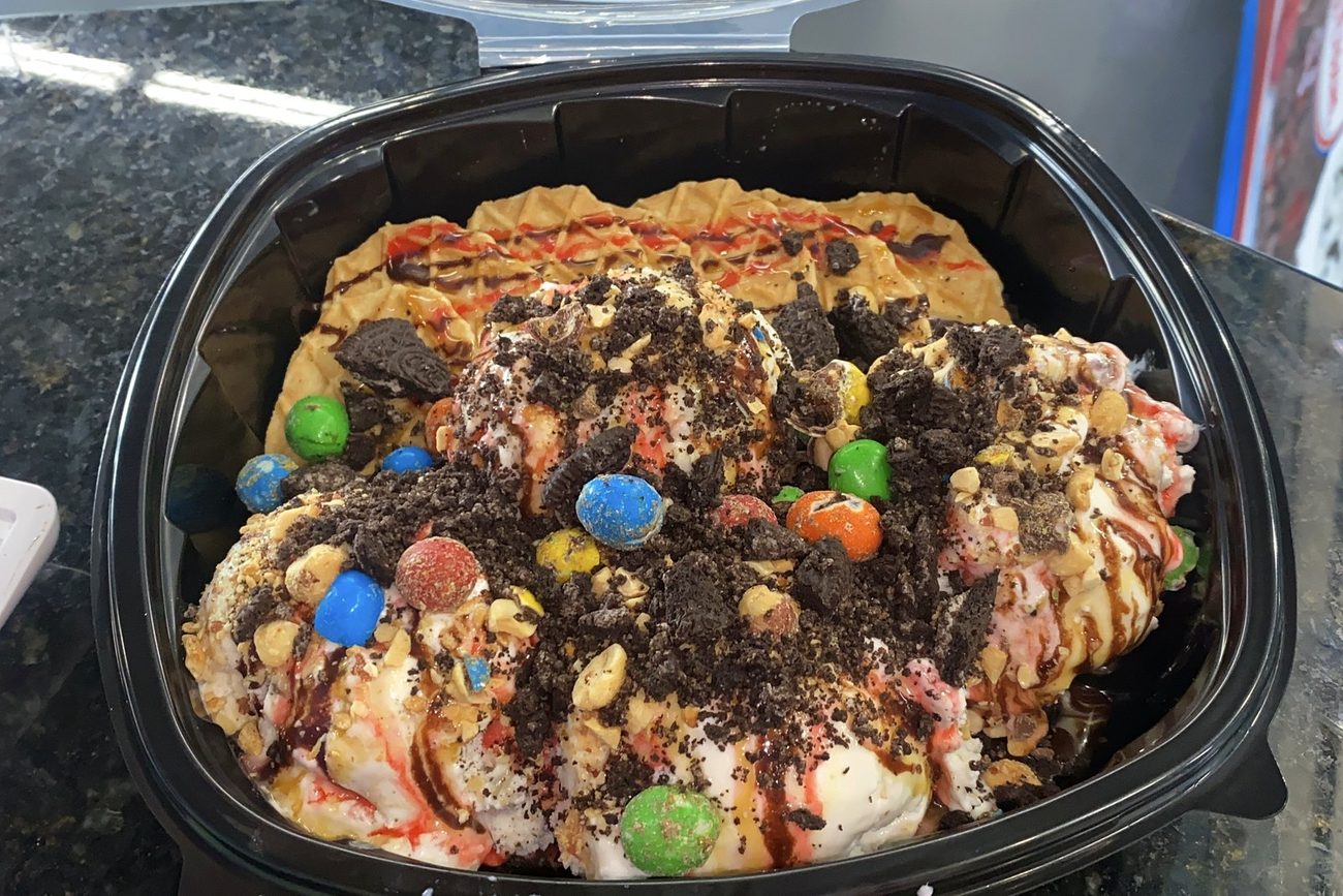 Ice cream nachos loaded with toppings